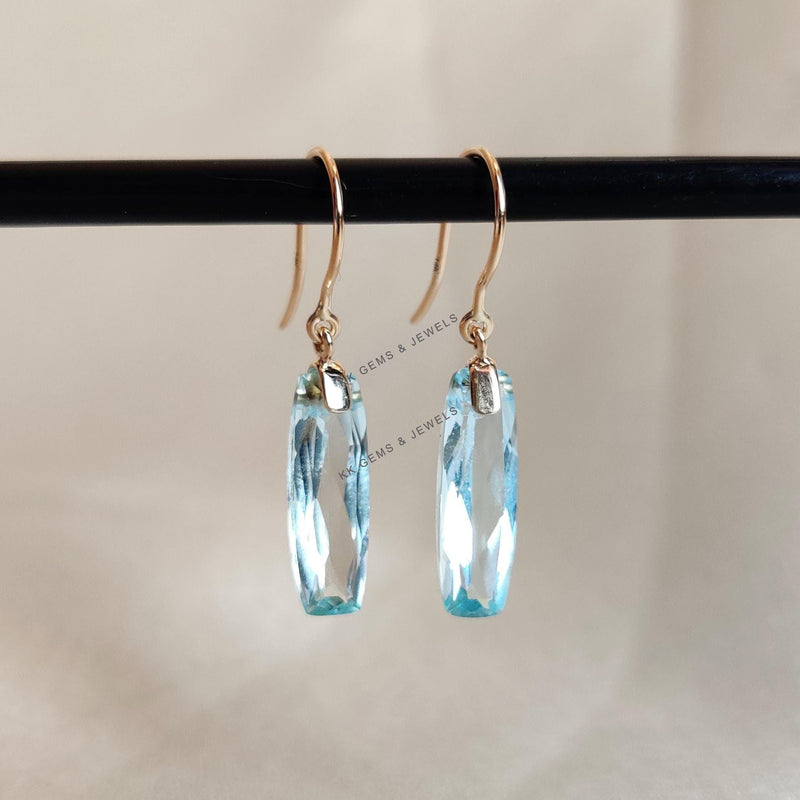 14K Solid Gold Natural Sky Blue Topaz Drill Earrings, December Birthstone