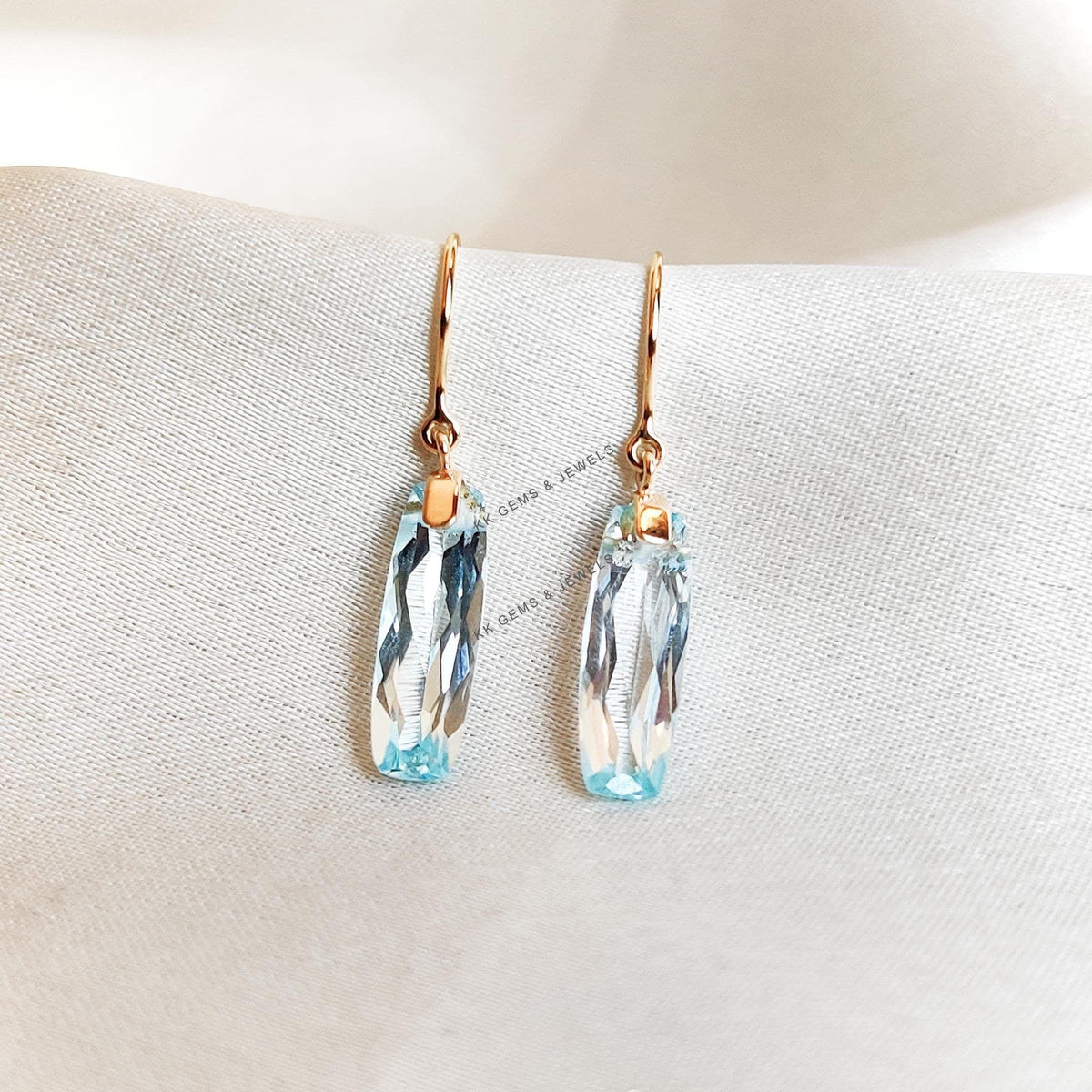 14K Solid Gold Natural Sky Blue Topaz Drill Earrings, December Birthstone