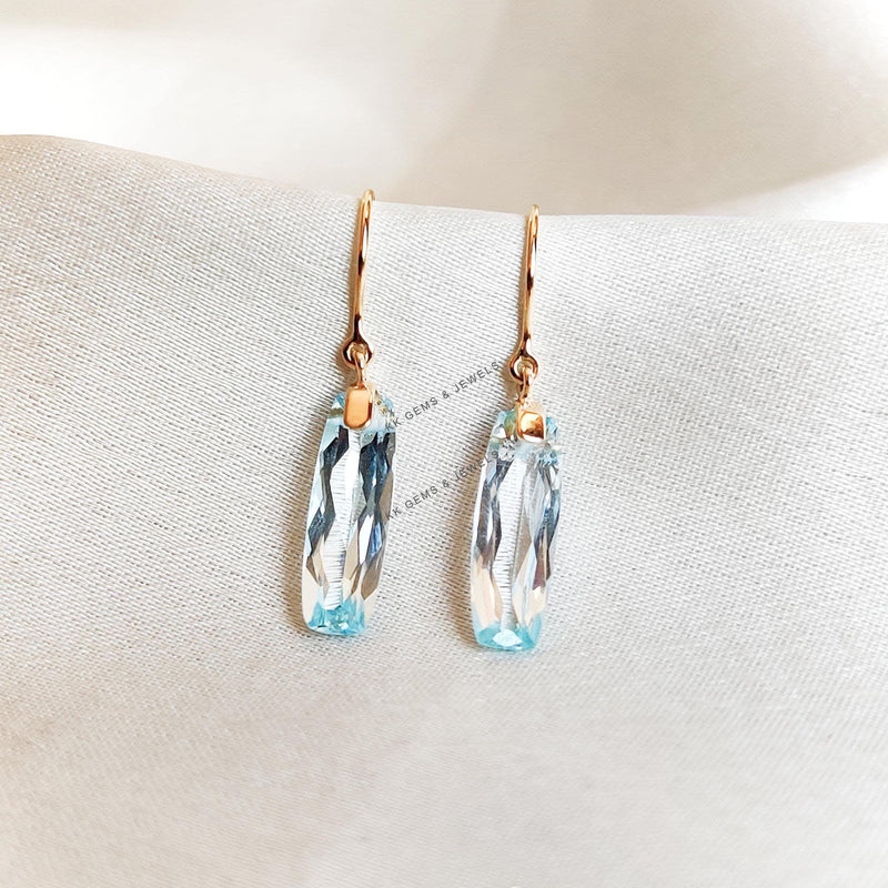 14K Solid Gold Natural Sky Blue Topaz Drill Earrings, December Birthstone