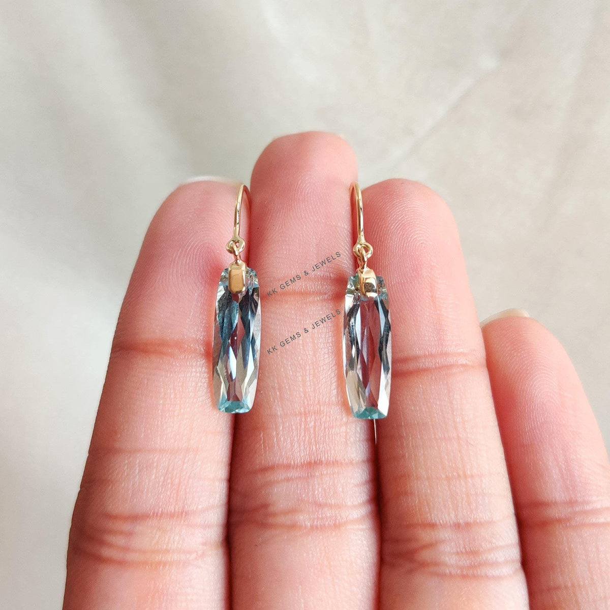 14K Solid Gold Natural Sky Blue Topaz Drill Earrings, December Birthstone