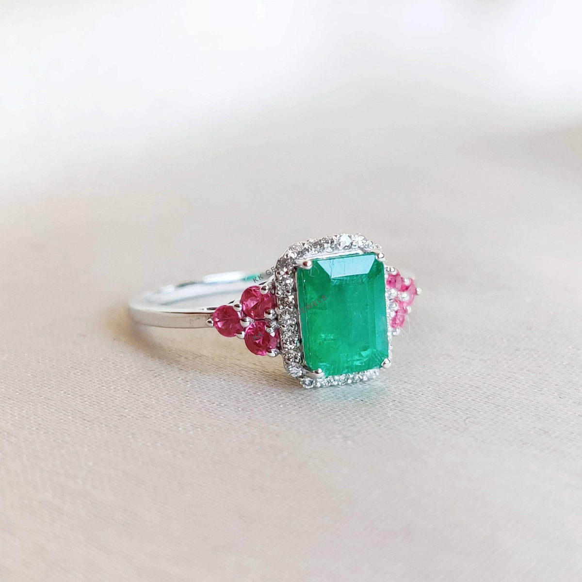 Natural Emerald & Ruby and Diamond Ring, 14K Solid White Gold Ring, Christmas Gift