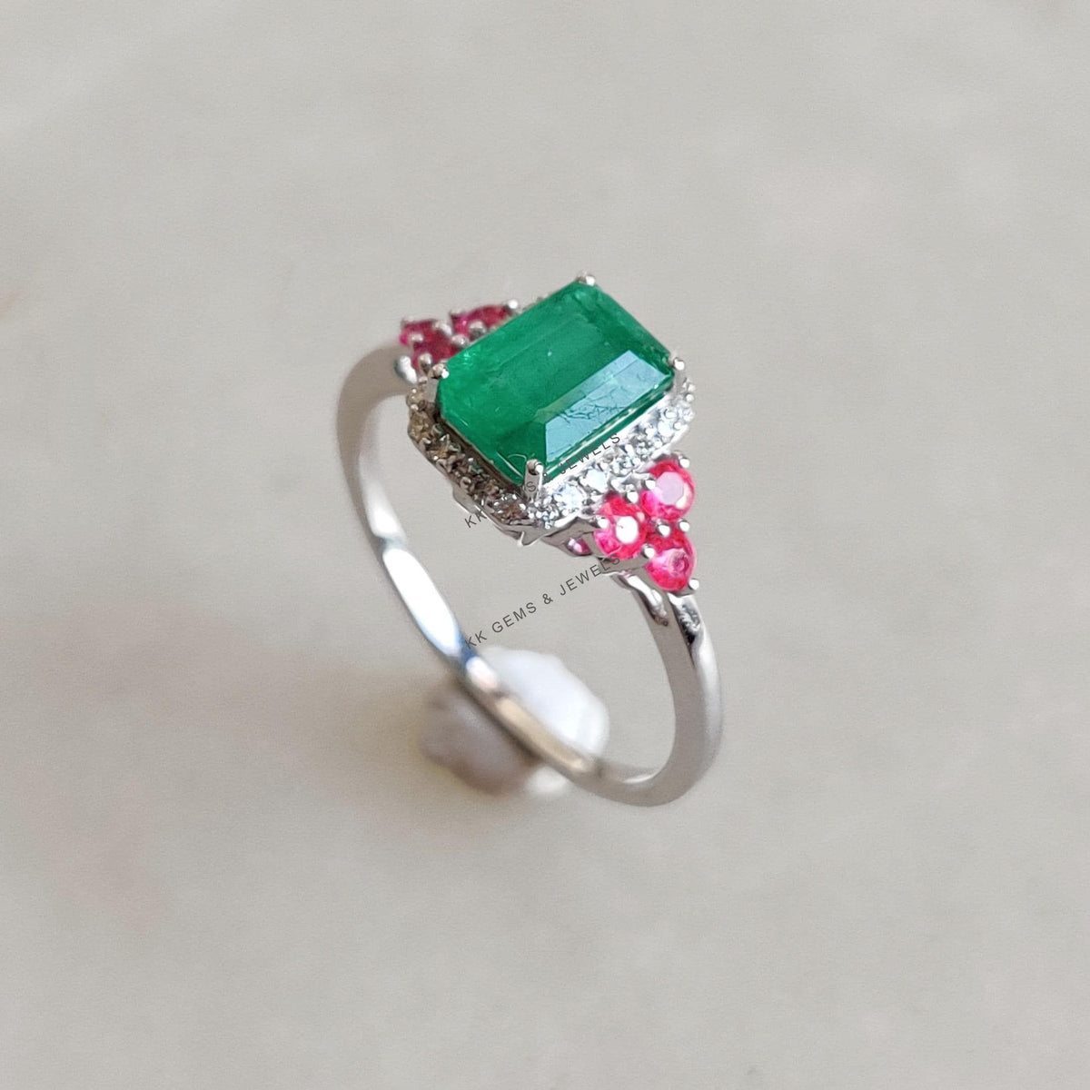 Natural Emerald & Ruby and Diamond Ring, 14K Solid White Gold Ring, Christmas Gift