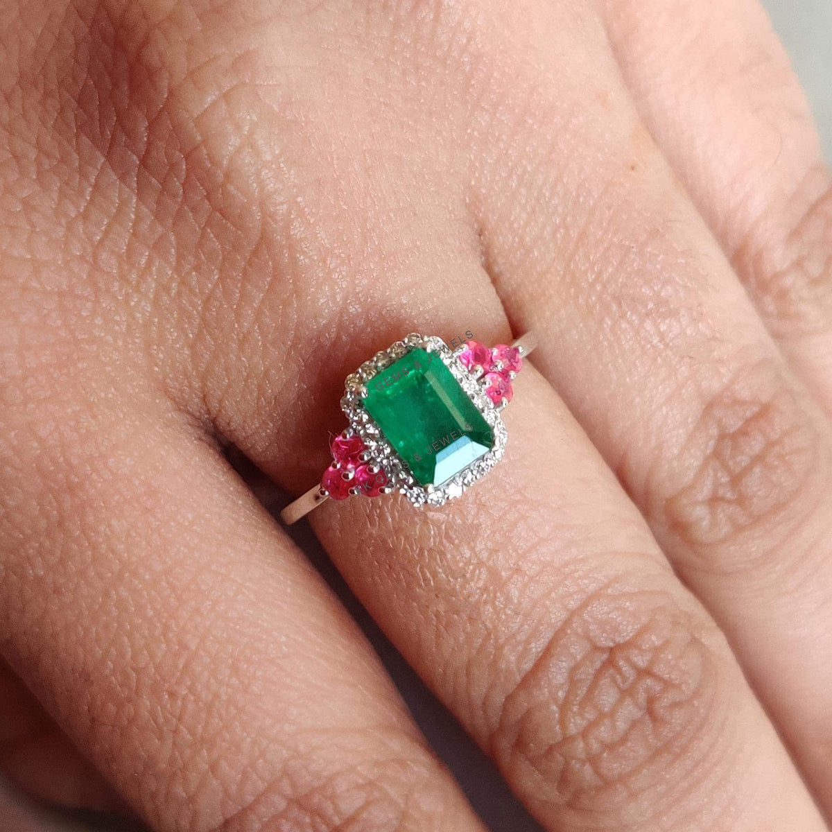 Natural Emerald & Ruby and Diamond Ring, 14K Solid White Gold Ring, Christmas Gift