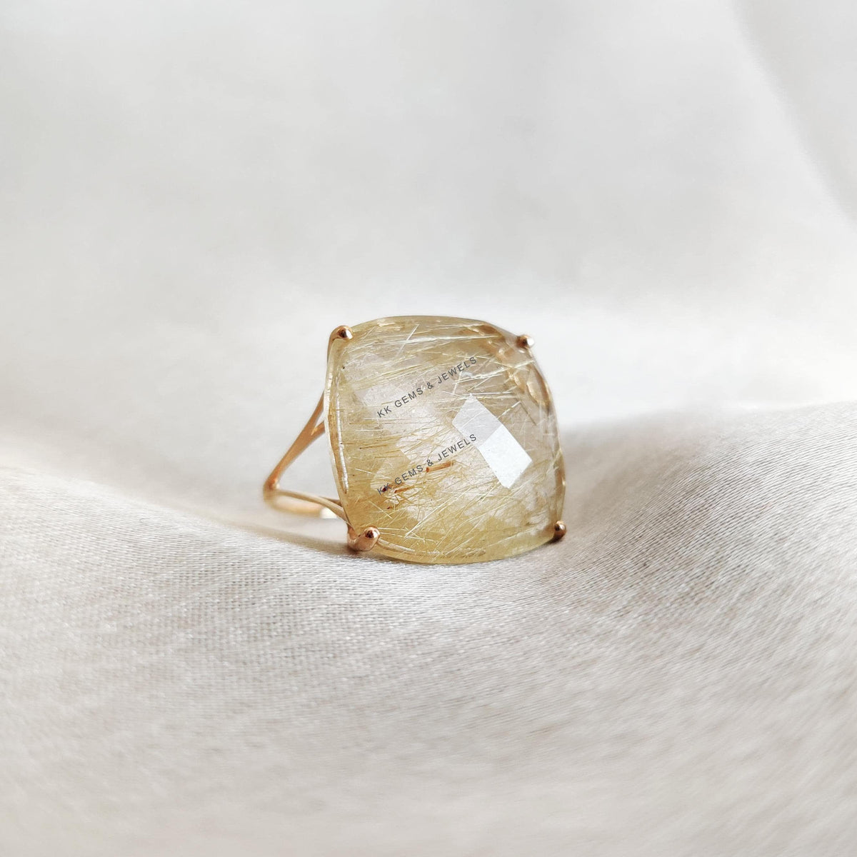 Natural Golden Rutile Ring, 14K Solid Yellow Gold Golden Rutile Ring, April Birthstone Ring, Prong Ring, Cushion Ring, Anniversary Present