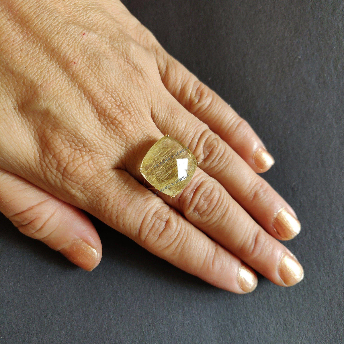 Natural Golden Rutile Ring, 14K Solid Yellow Gold Golden Rutile Ring, April Birthstone Ring, Prong Ring, Cushion Ring, Anniversary Present