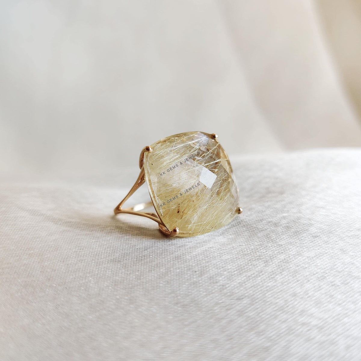 Natural Golden Rutile Ring, 14K Solid Yellow Gold Golden Rutile Ring, April Birthstone Ring, Prong Ring, Cushion Ring, Anniversary Present