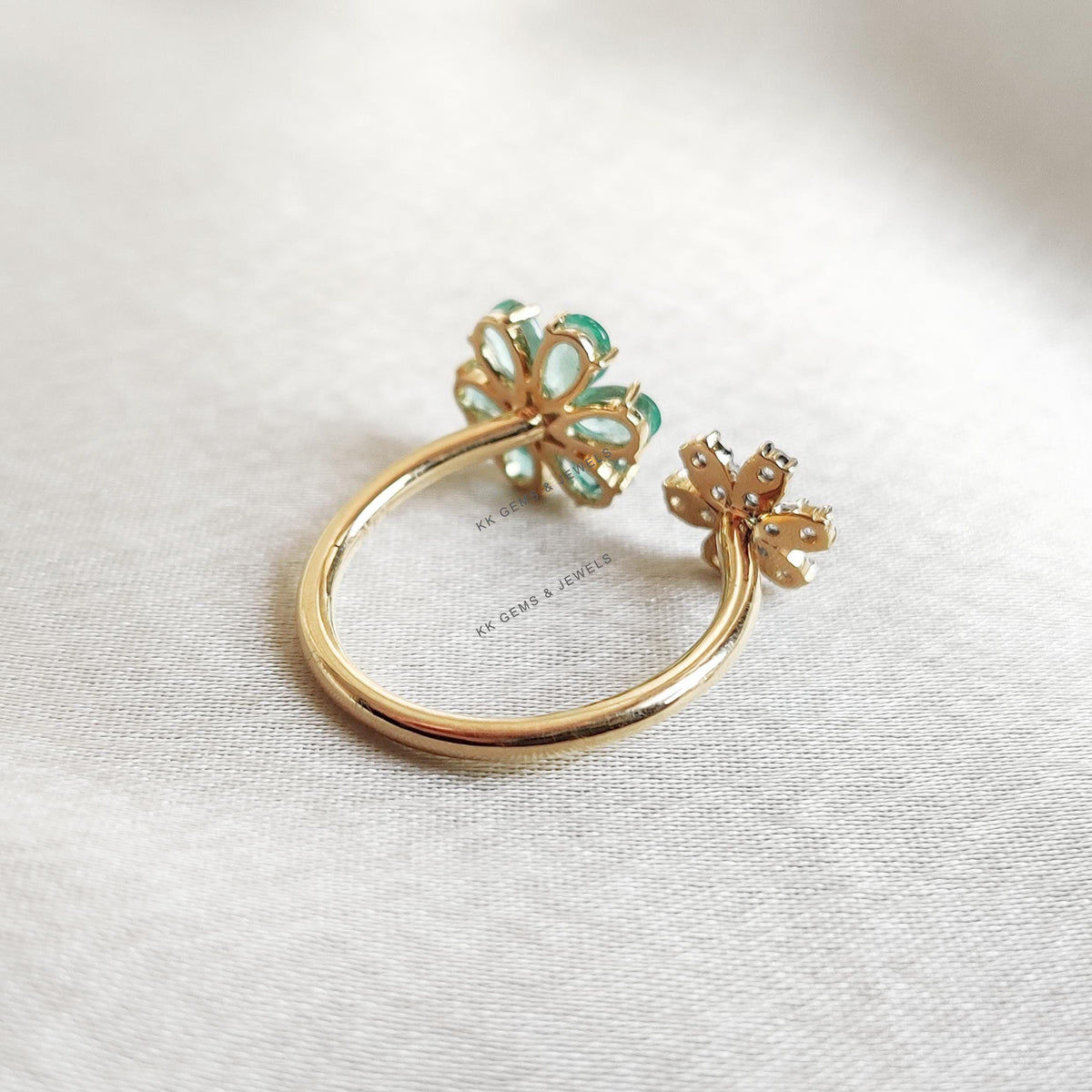 Natural Emerald & Diamond Flower Ring, 14K Solid Yellow Gold, May Birthstone