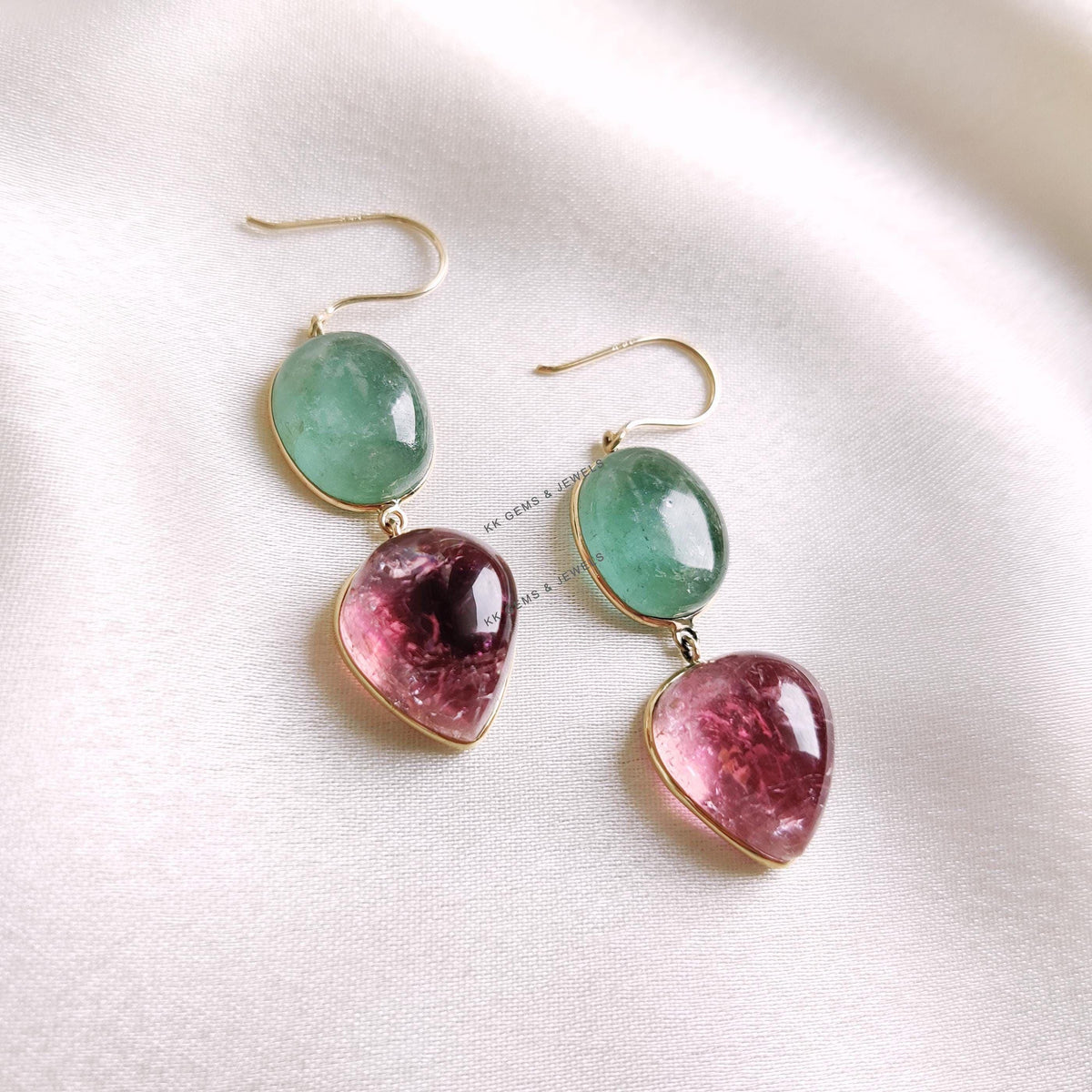 Natural Pink & Green Tourmaline 14K Solid Yellow Gold Earrings, October Birthstone Earring,