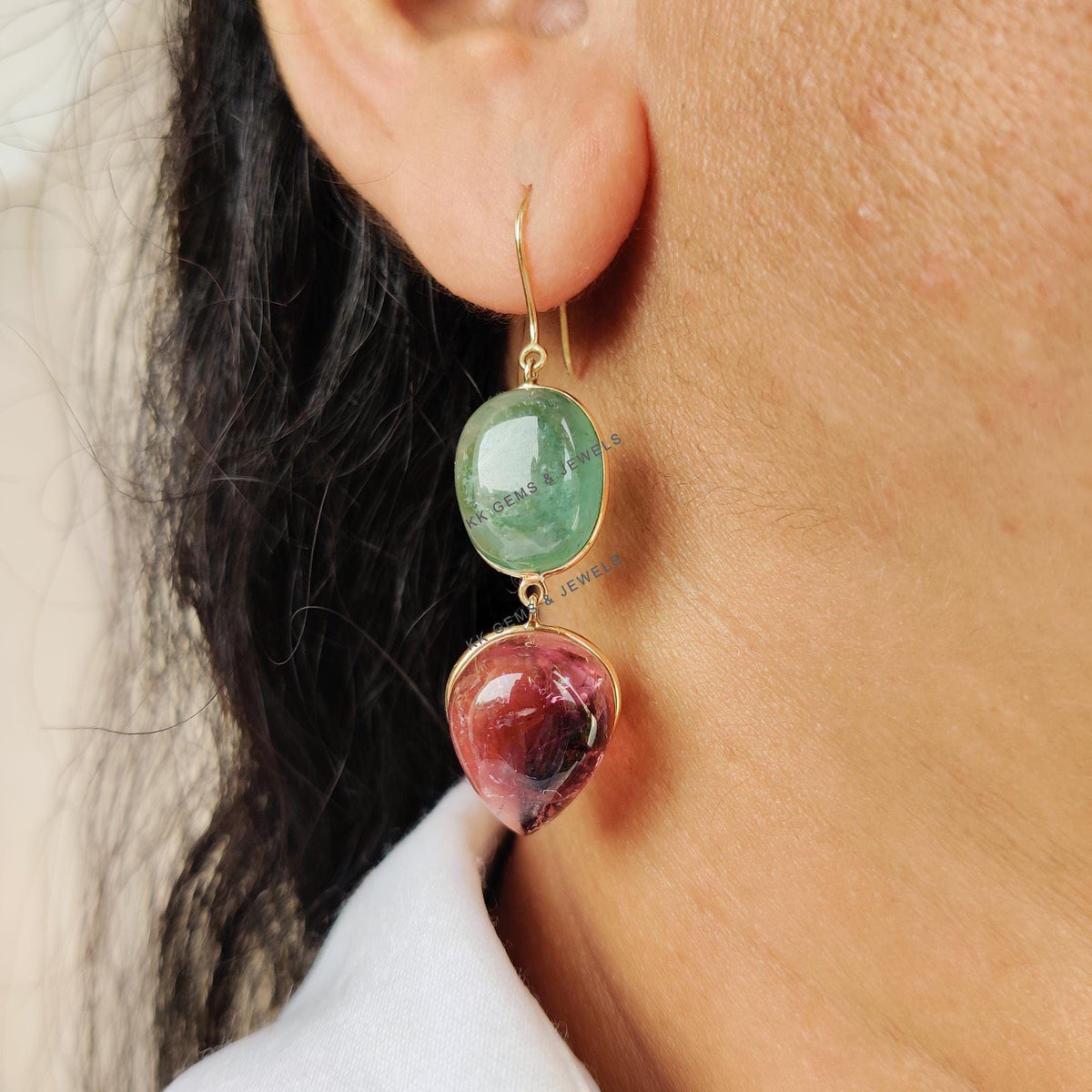 Natural Pink & Green Tourmaline 14K Solid Yellow Gold Earrings, October Birthstone Earring,