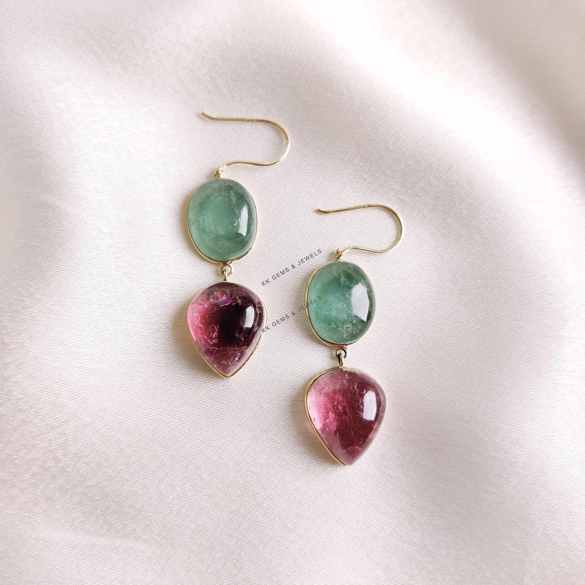 Natural Pink & Green Tourmaline 14K Solid Yellow Gold Earrings, October Birthstone Earring,