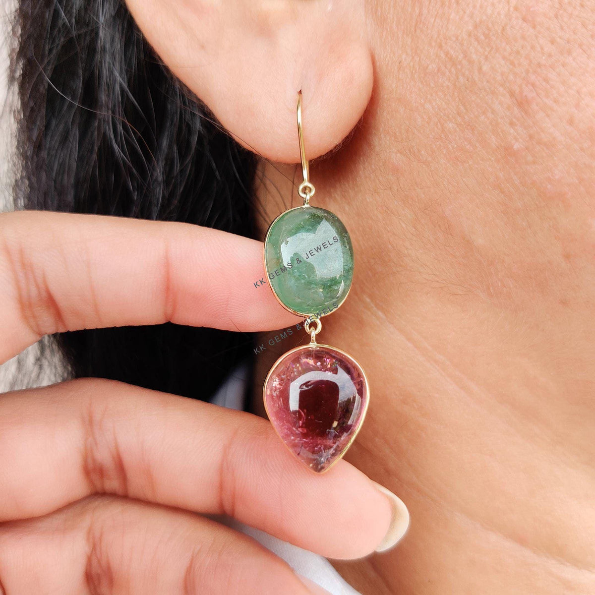 Natural Pink & Green Tourmaline 14K Solid Yellow Gold Earrings, October Birthstone Earring,