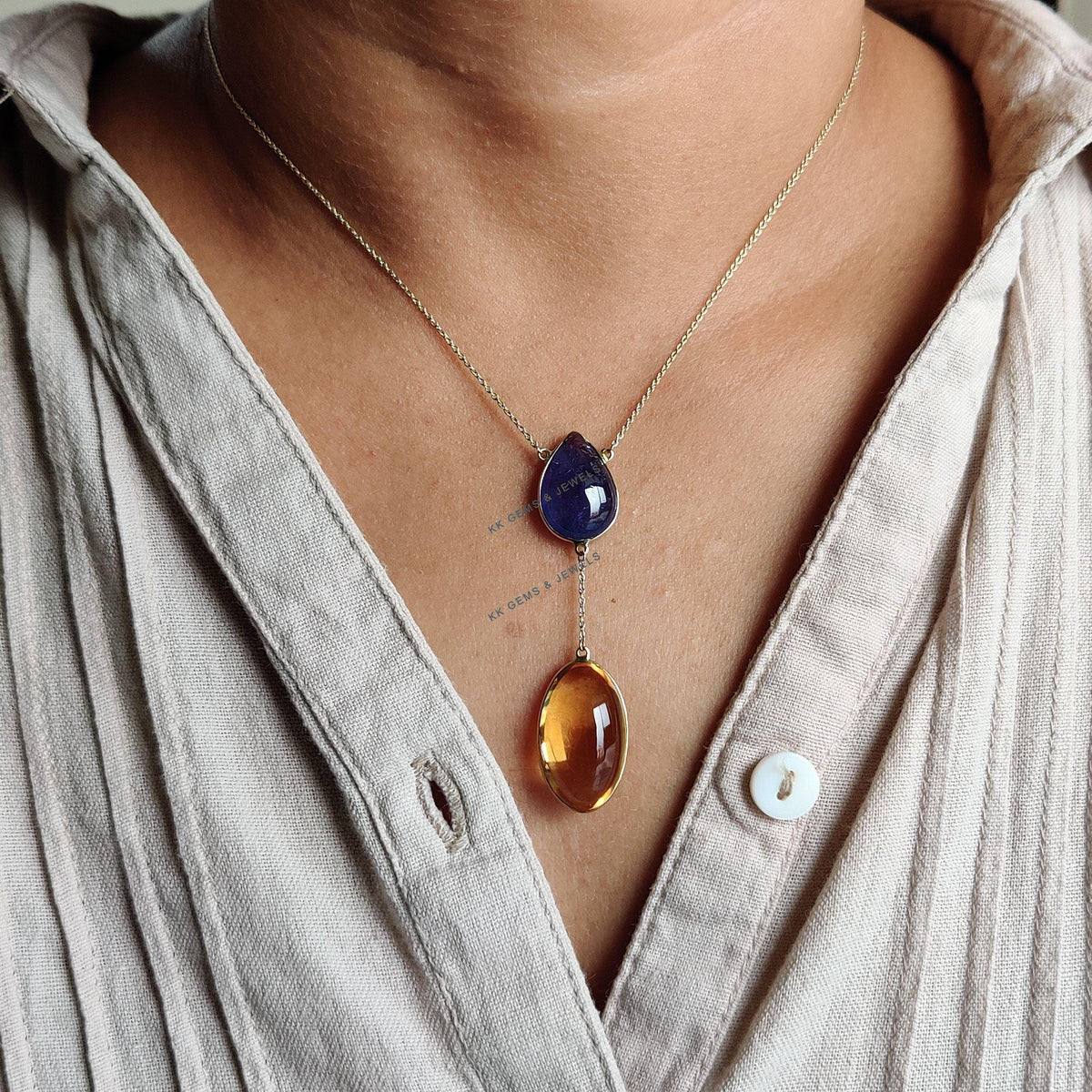 Natural Tanzanite & Citrine 14K Solid Yellow Gold Pendant Necklace, Handmade