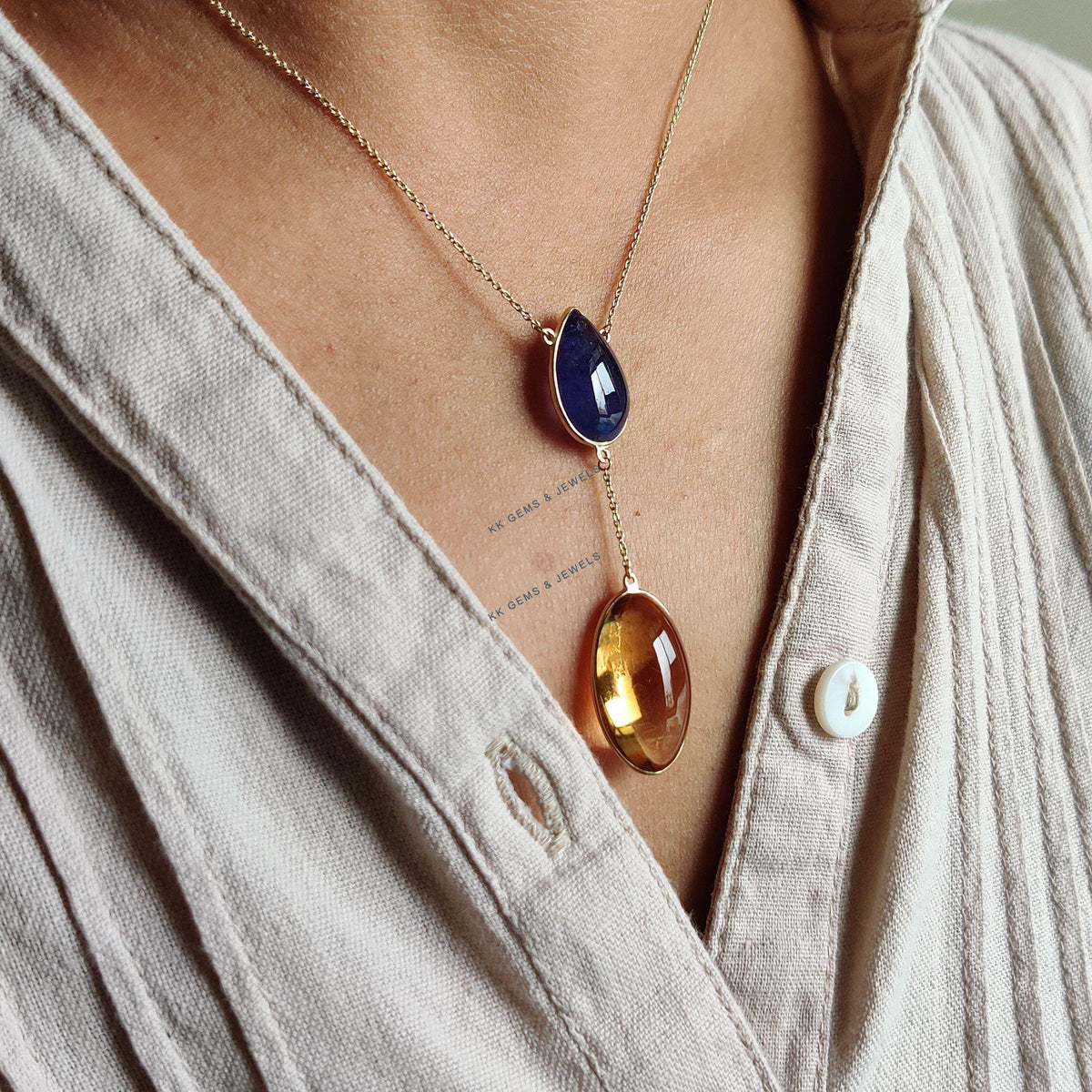 Natural Tanzanite & Citrine 14K Solid Yellow Gold Pendant Necklace, Handmade
