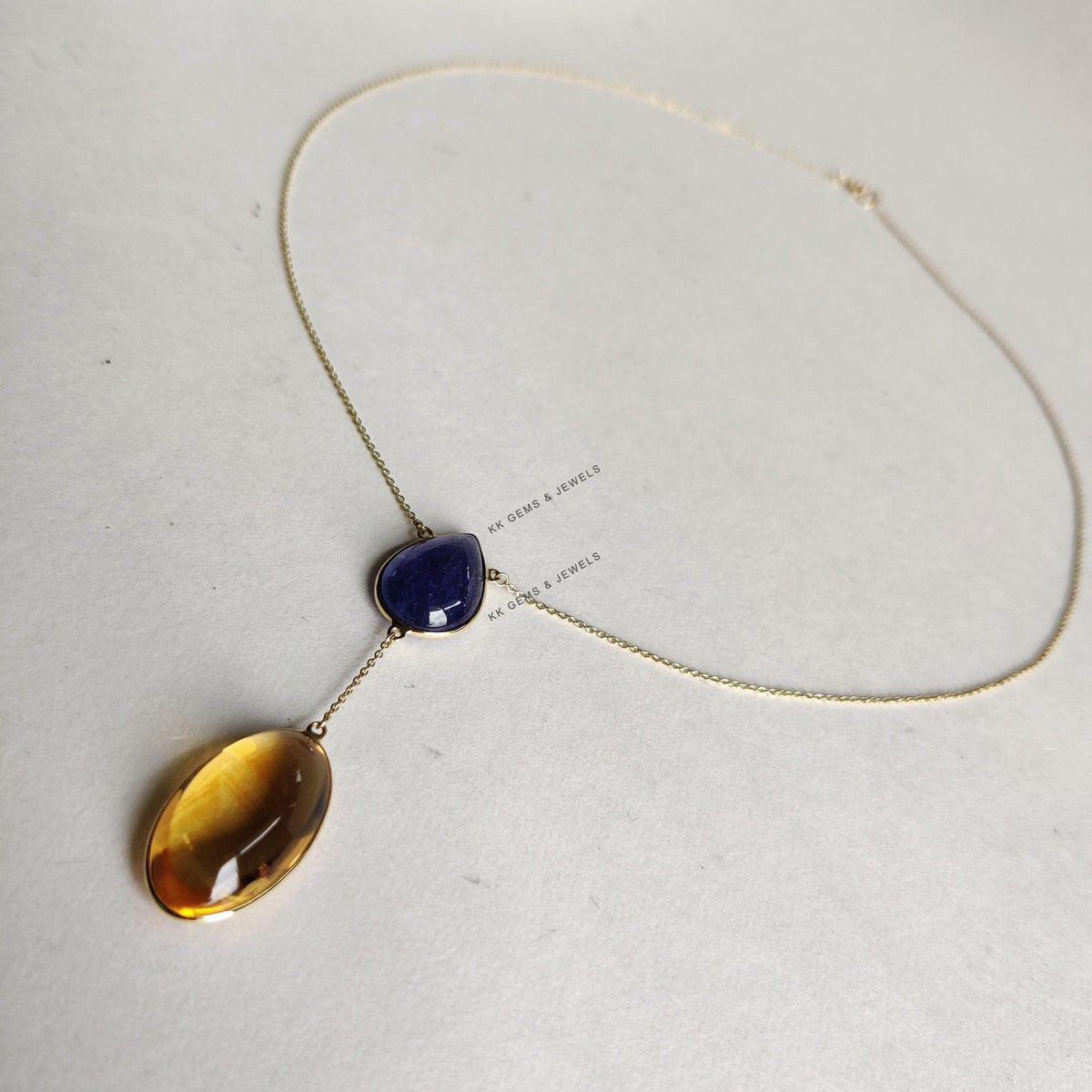 Natural Tanzanite & Citrine 14K Solid Yellow Gold Pendant Necklace, Handmade