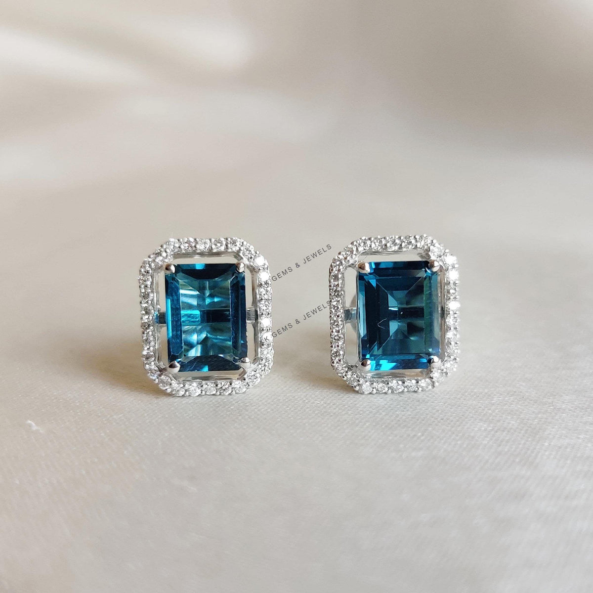 Natural London Blue Topaz & Diamond 14K Solid White Gold Earrings, December Birthstone