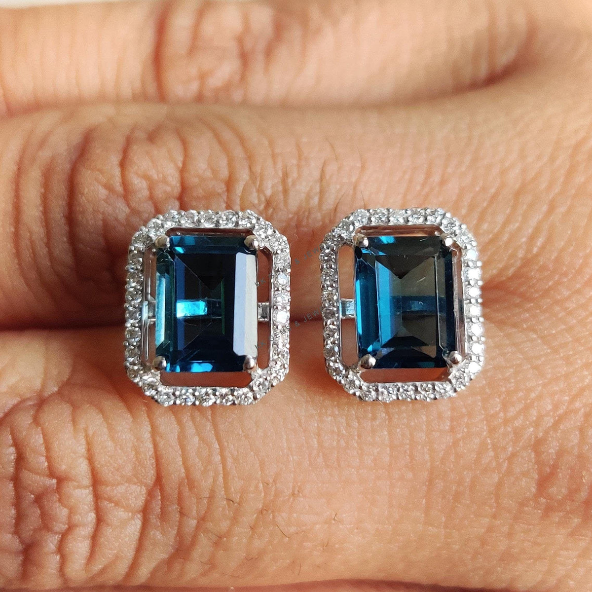 Natural London Blue Topaz & Diamond 14K Solid White Gold Earrings, December Birthstone