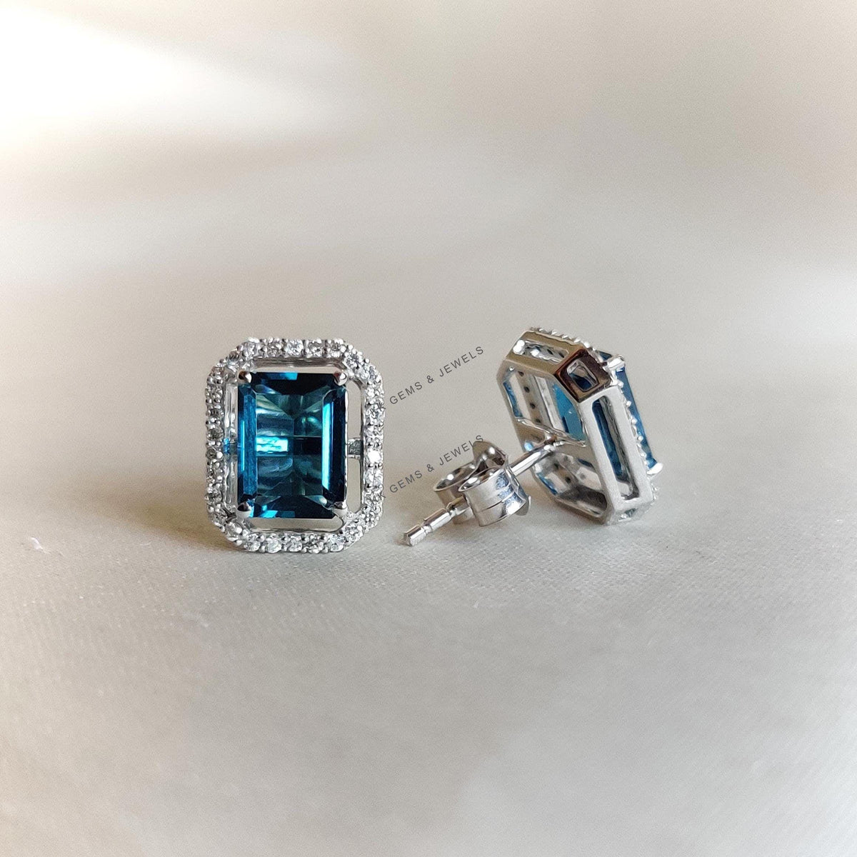Natural London Blue Topaz & Diamond 14K Solid White Gold Earrings, December Birthstone