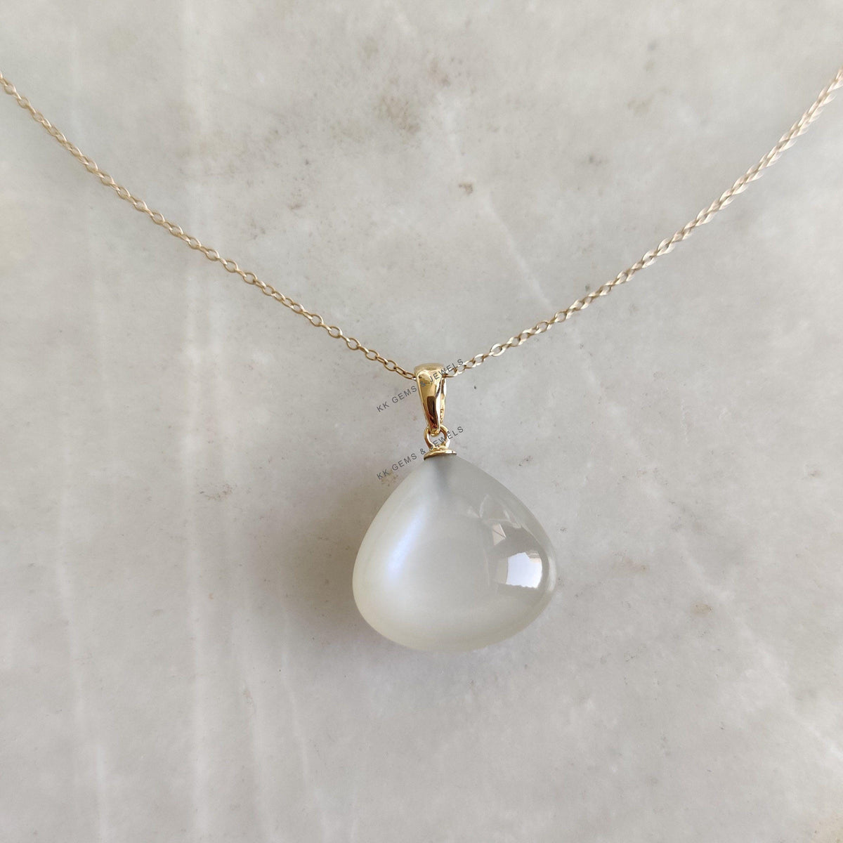 14K Solid Yellow Gold Natural White Moonstone Pendant - June Birthstone