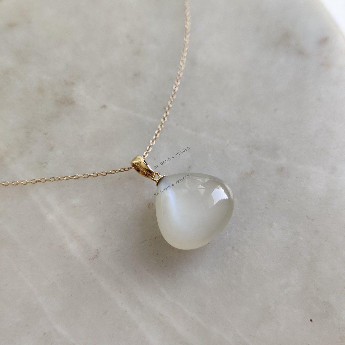 14K Solid Yellow Gold Natural White Moonstone Pendant - June Birthstone
