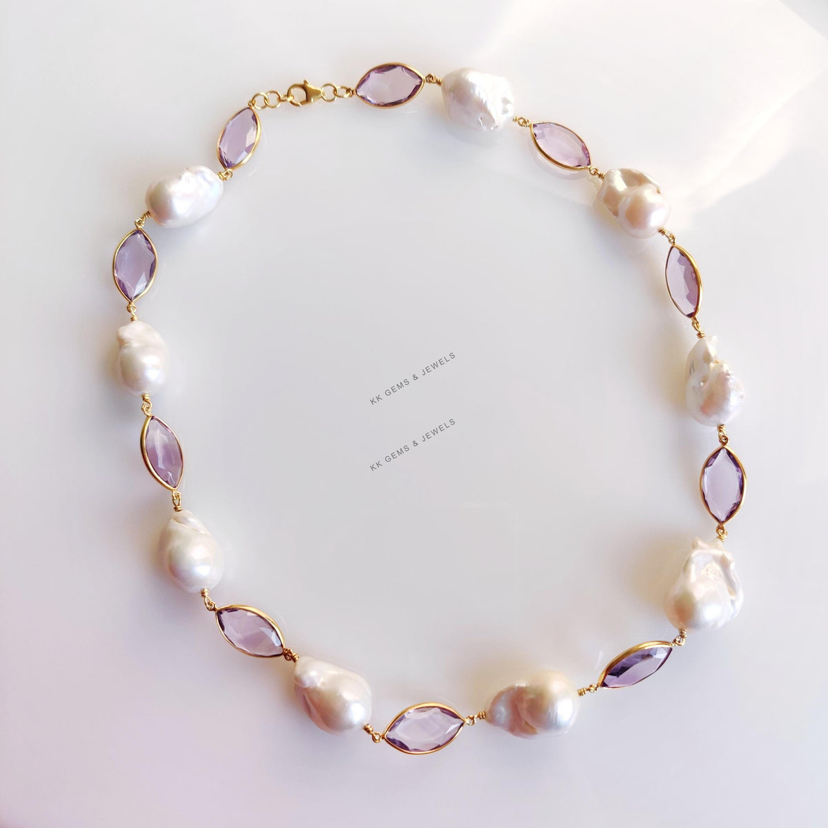 Natural Purple Amethyst & Mother of Pearl Necklace, Gold Plated 925 Silver Jewellery