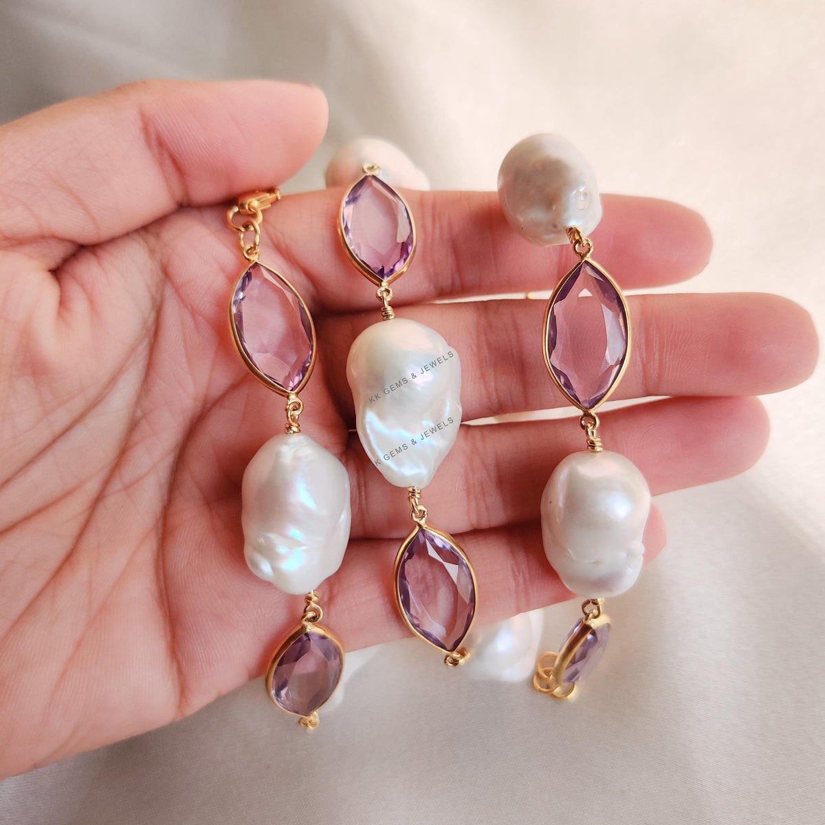 Natural Purple Amethyst & Mother of Pearl Necklace, Gold Plated 925 Silver Jewellery