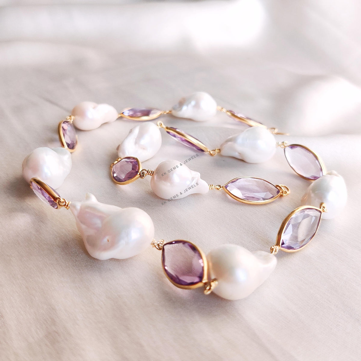 Natural Purple Amethyst & Mother of Pearl Necklace, Gold Plated 925 Silver Jewellery