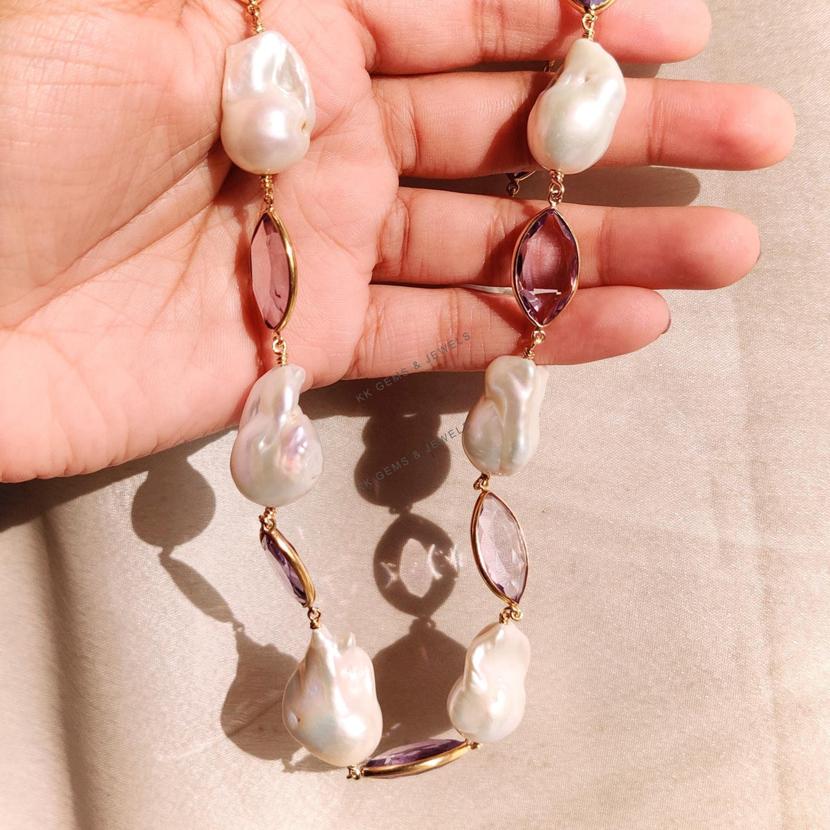 Natural Purple Amethyst & Mother of Pearl Necklace, Gold Plated 925 Silver Jewellery