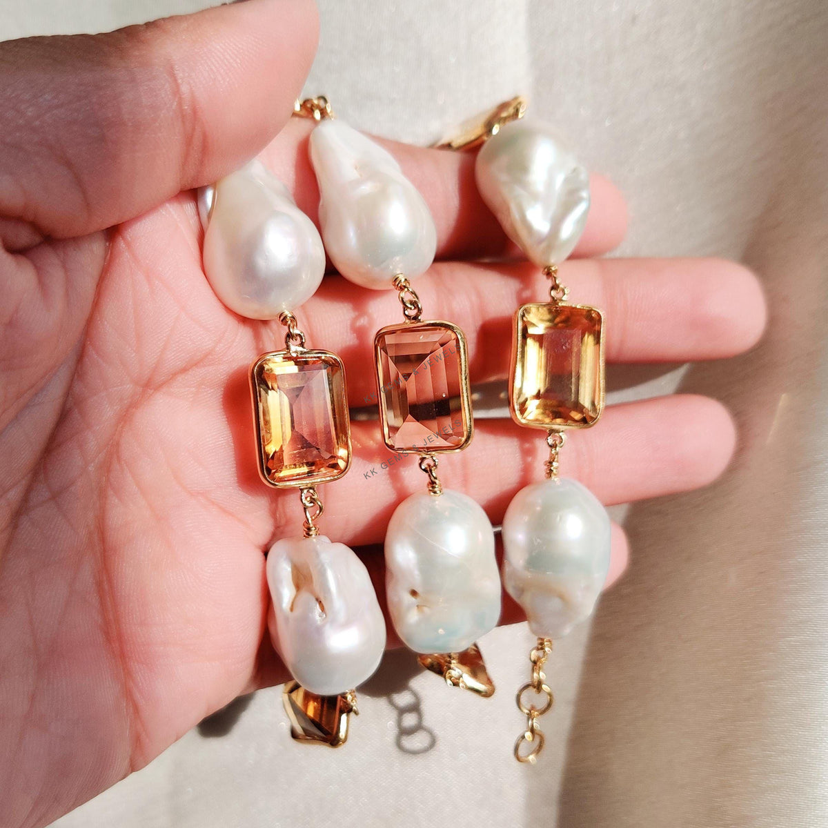 Natural Citrine & Mother of Pearl Necklace, Gold Plated 925 Silver Jewelry