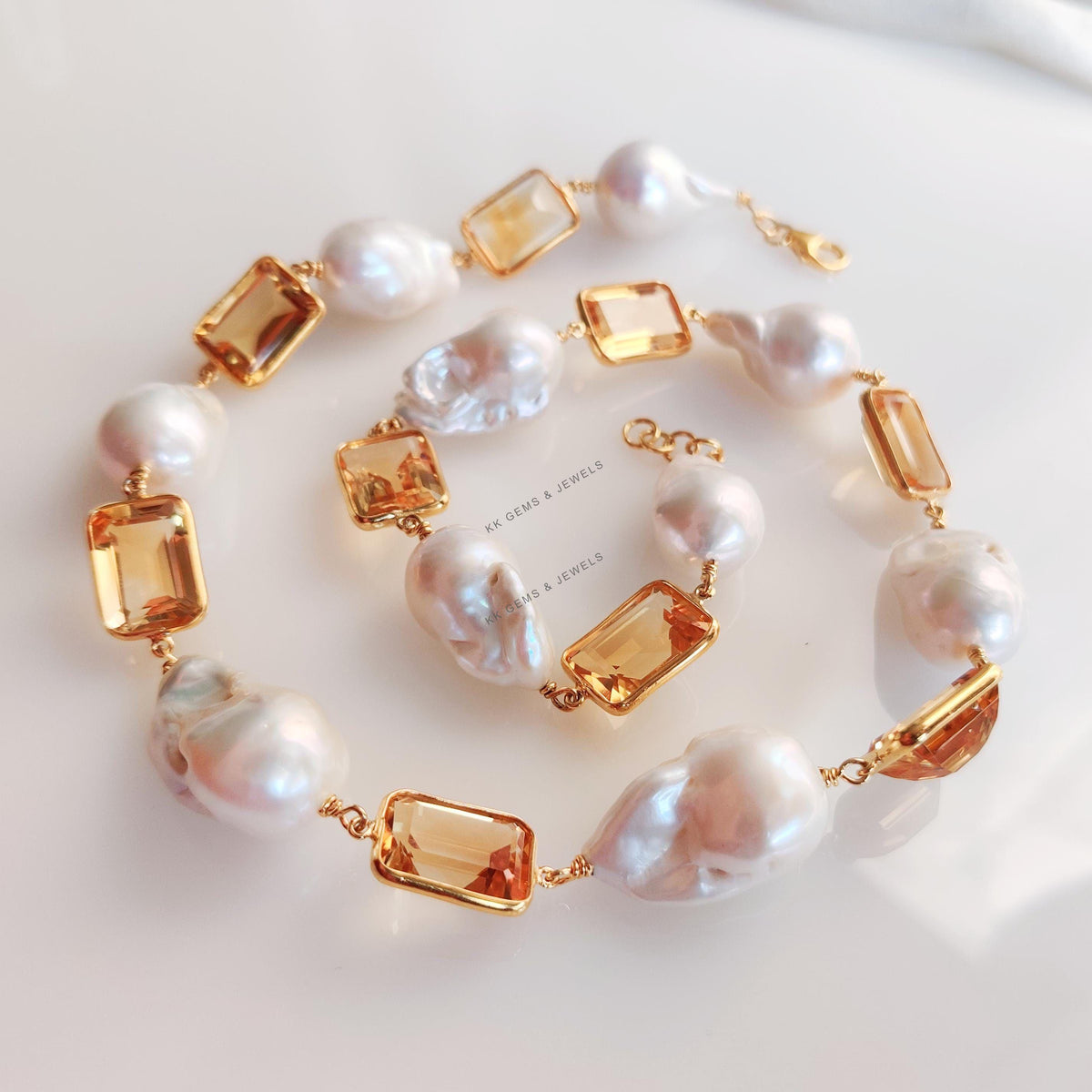 Natural Citrine & Mother of Pearl Necklace, Gold Plated 925 Silver Jewelry