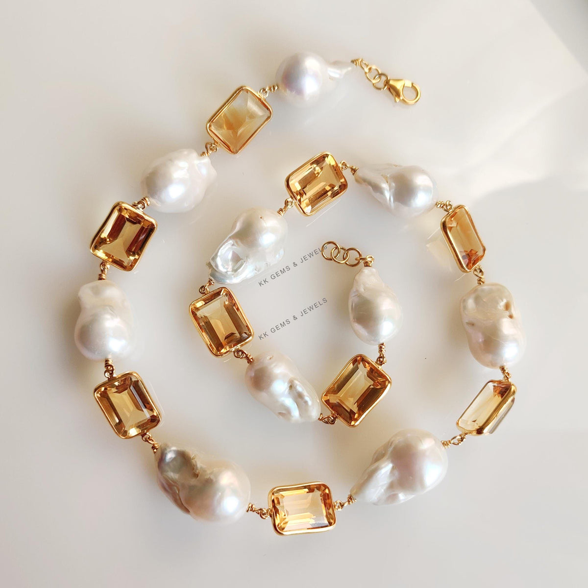 Natural Citrine & Mother of Pearl Necklace, Gold Plated 925 Silver Jewelry