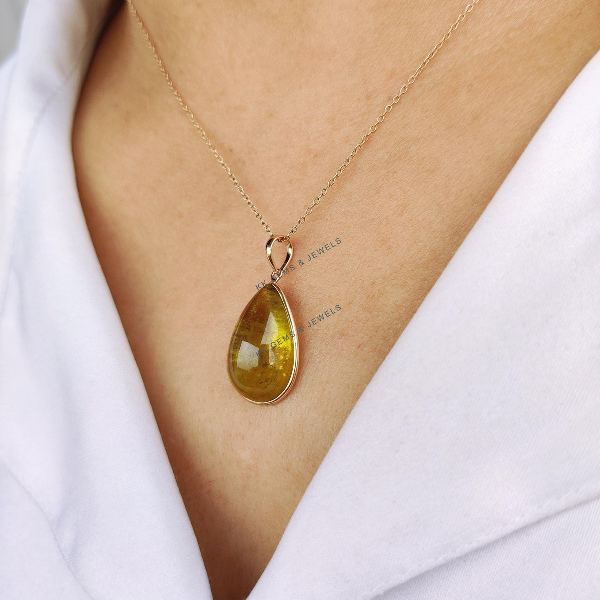 Pear Cabochon Natural Green Tourmaline Pendant, 14K Solid Yellow Gold Bezel Setting