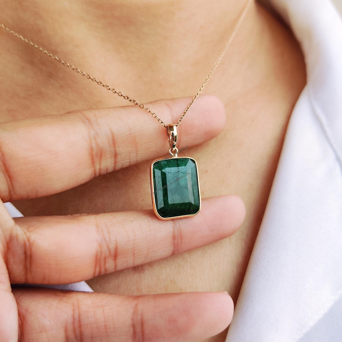 14K Solid Yellow Gold Emerald Pendant, Octagon May Birthstone