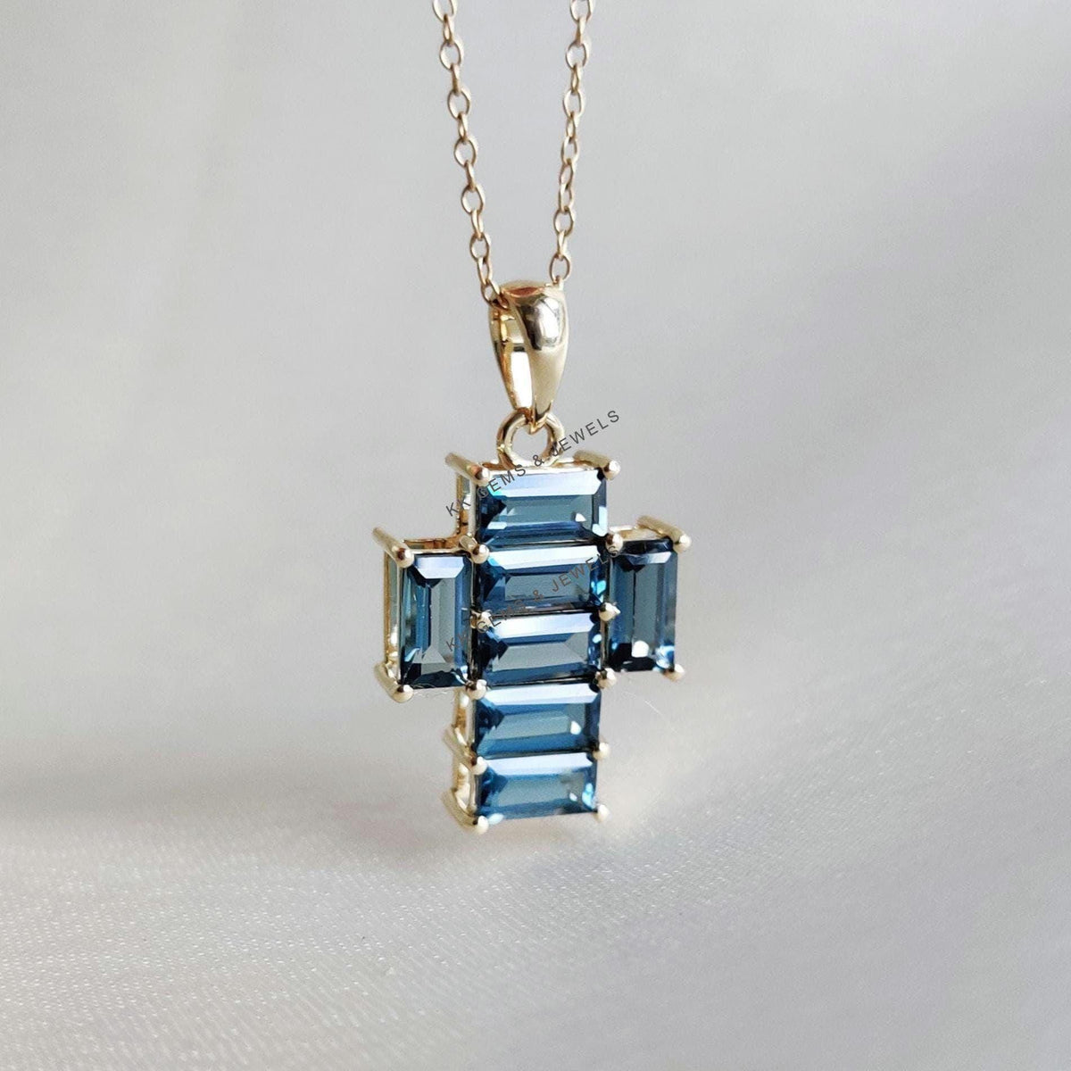 Natural London Blue Topaz Cross Pendant, 14K Solid Yellow Gold, December Birthstone