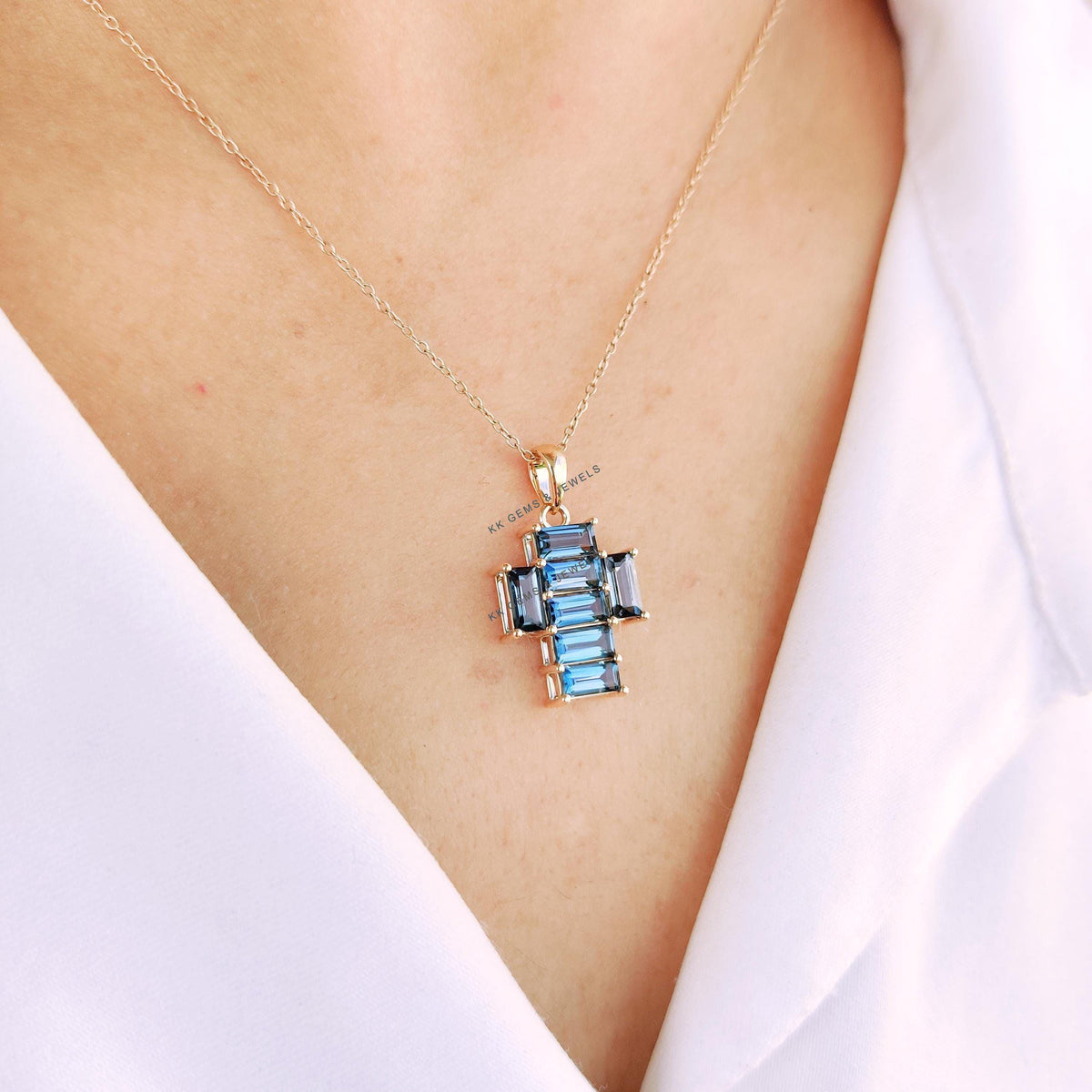 Natural London Blue Topaz Cross Pendant, 14K Solid Yellow Gold, December Birthstone