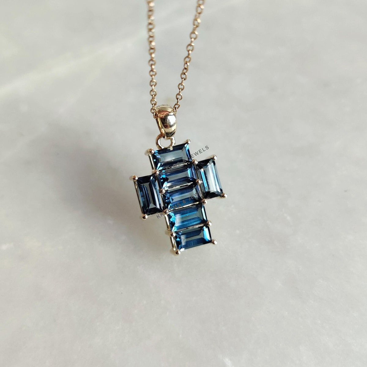 Natural London Blue Topaz Cross Pendant, 14K Solid Yellow Gold, December Birthstone