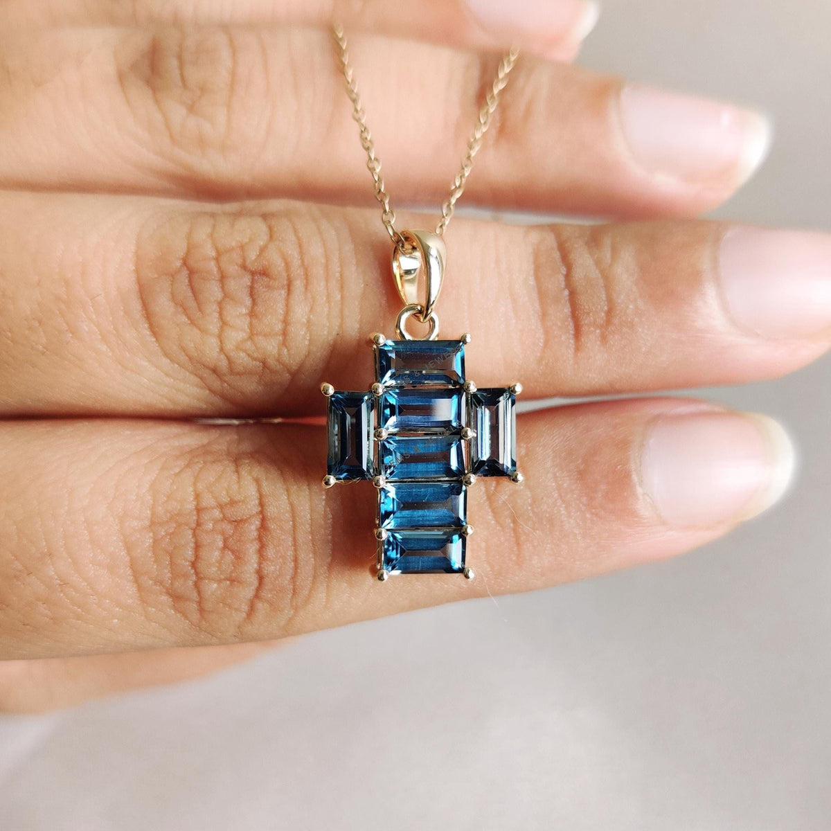 Natural London Blue Topaz Cross Pendant, 14K Solid Yellow Gold, December Birthstone