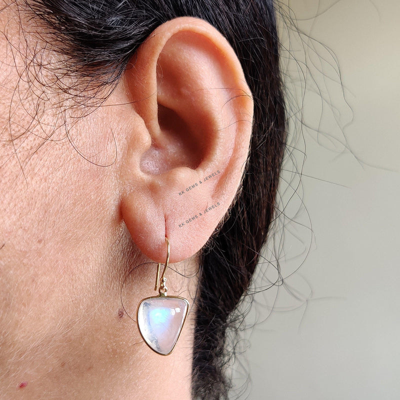 14K Solid Gold Natural Rainbow Moonstone Earrings, Bezel Set Earrings