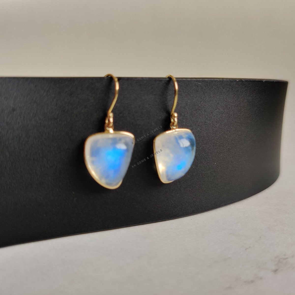 14K Solid Gold Natural Rainbow Moonstone Earrings, Bezel Set Earrings