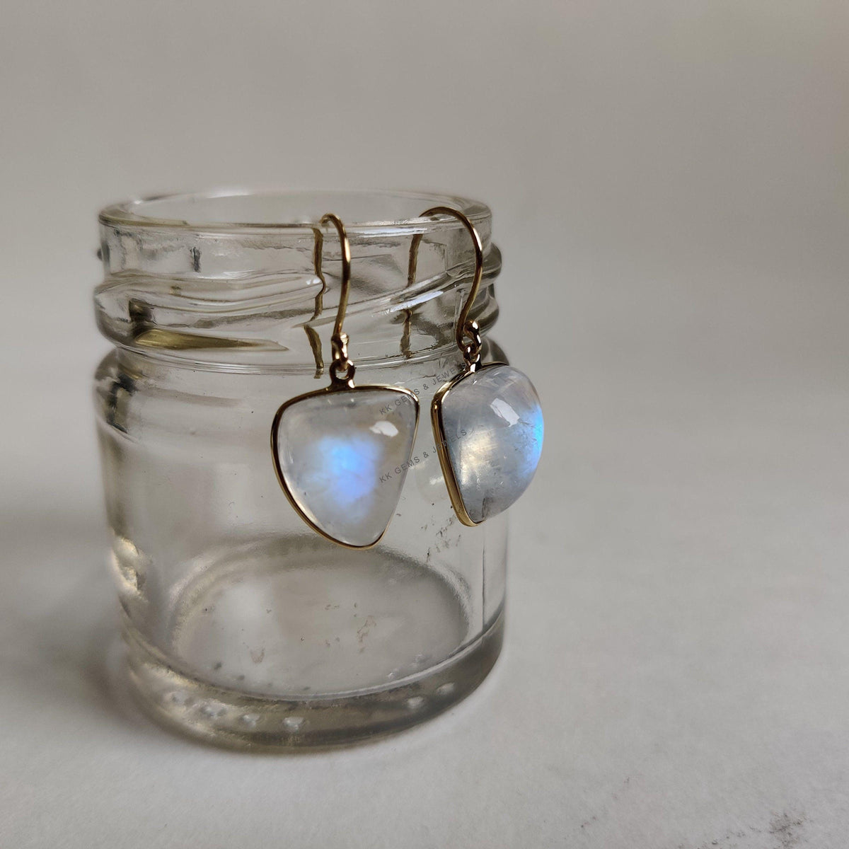 14K Solid Gold Natural Rainbow Moonstone Earrings, Bezel Set Earrings