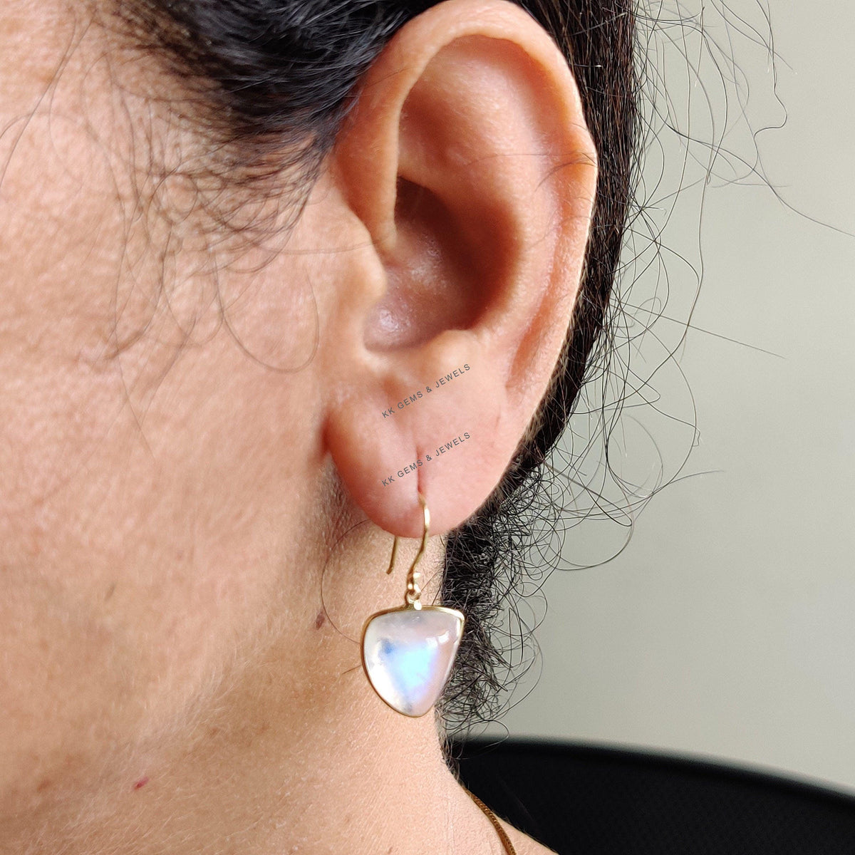 14K Solid Gold Natural Rainbow Moonstone Earrings, Bezel Set Earrings