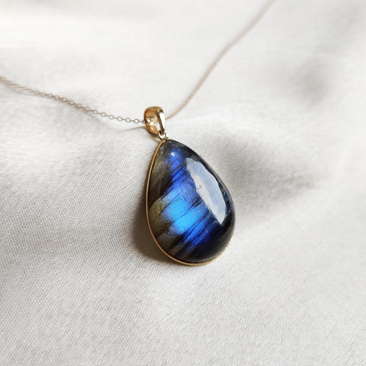 14K Solid Yellow Gold Natural Labradorite Pendant, Pear Cabochon, November Birthstone, Christmas Present