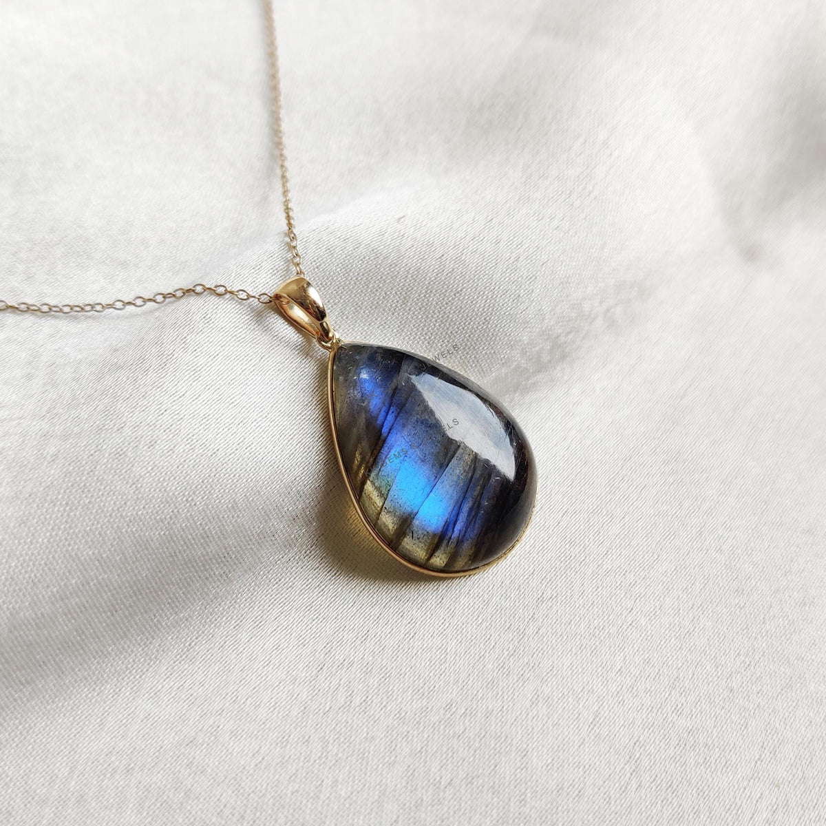 14K Solid Yellow Gold Natural Labradorite Pendant, Pear Cabochon, November Birthstone, Christmas Present