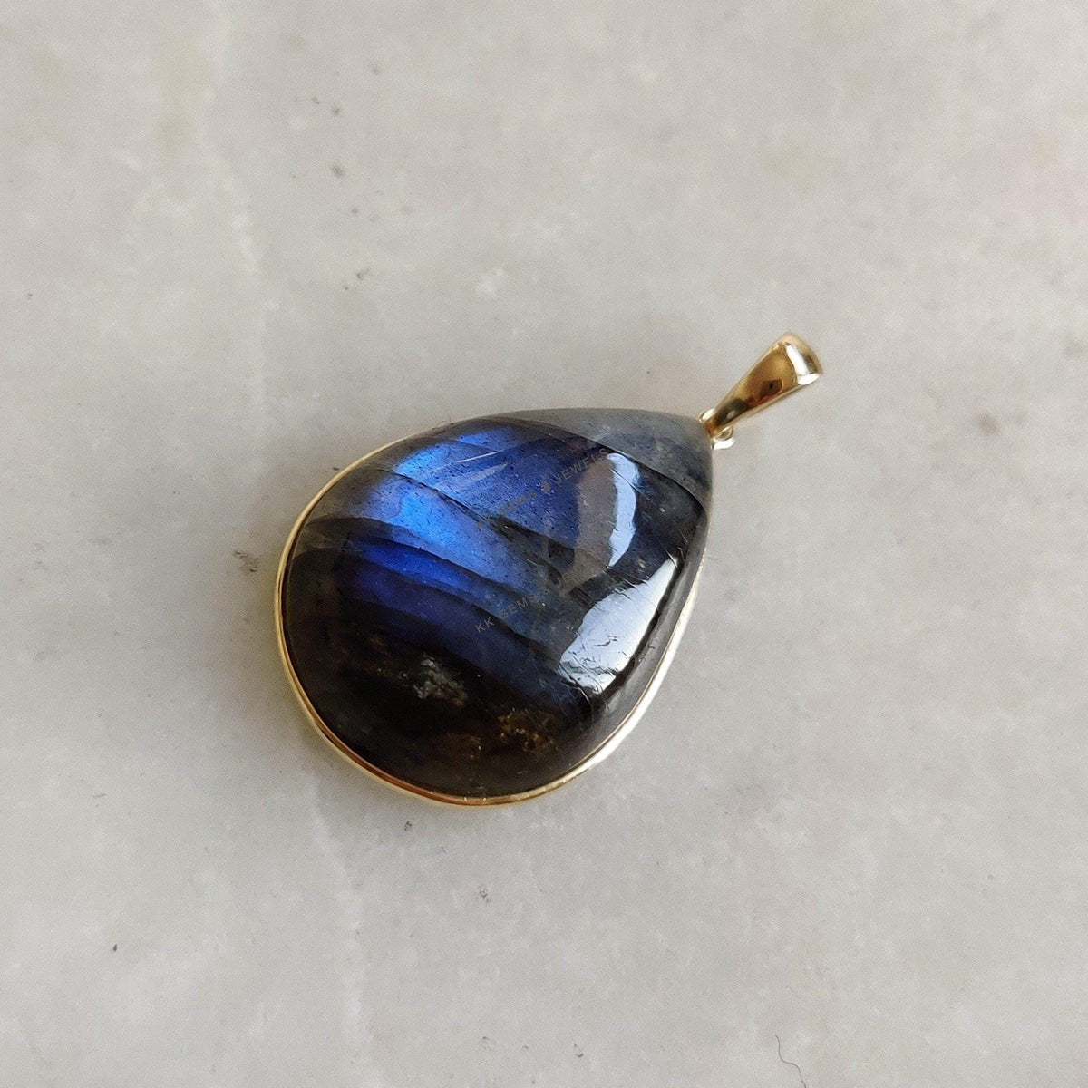 14K Solid Yellow Gold Natural Labradorite Pendant, Pear Cabochon, November Birthstone, Christmas Present