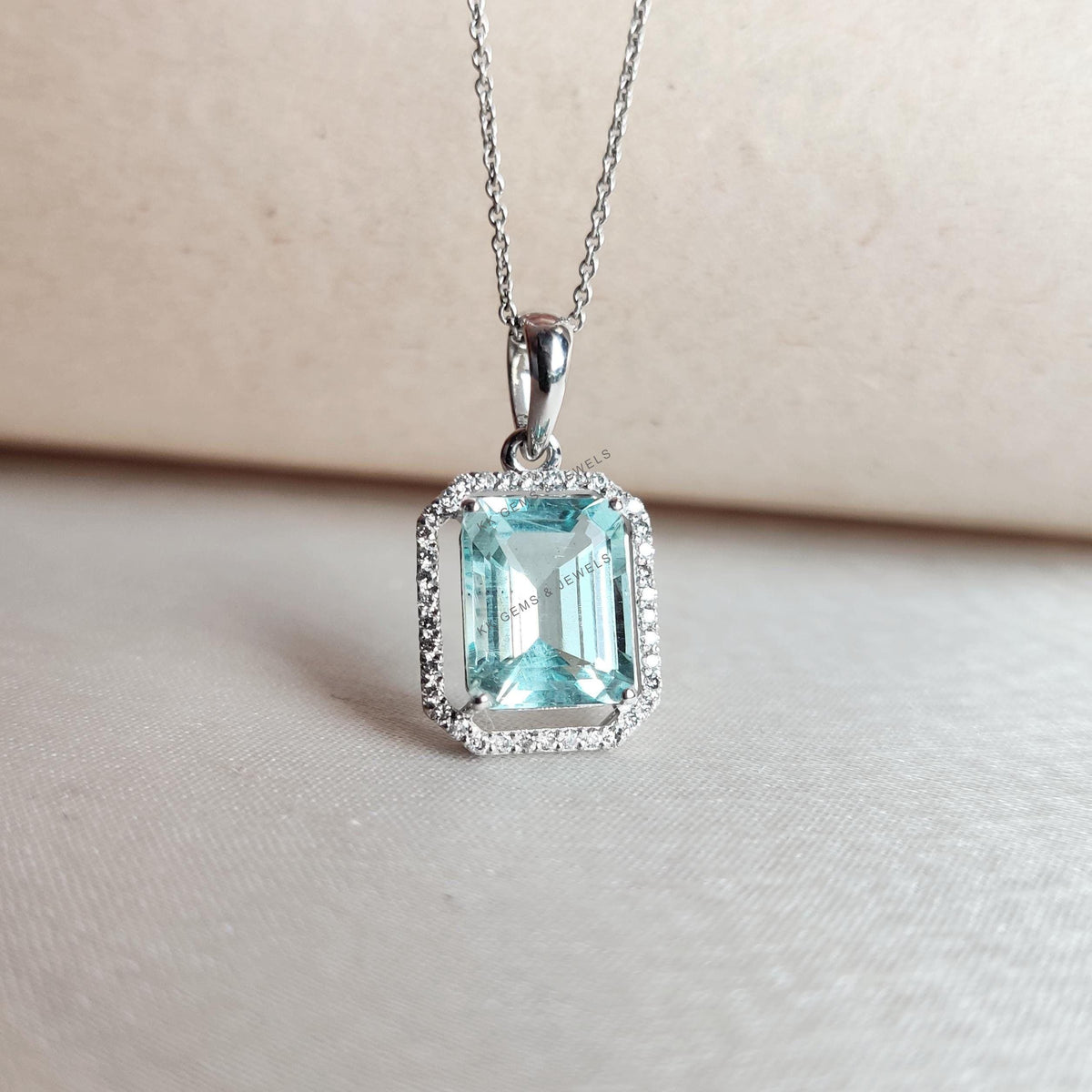 Natural Aquamarine & Diamond Pendant, 14K Solid White Gold Pendant, March Birthstone,