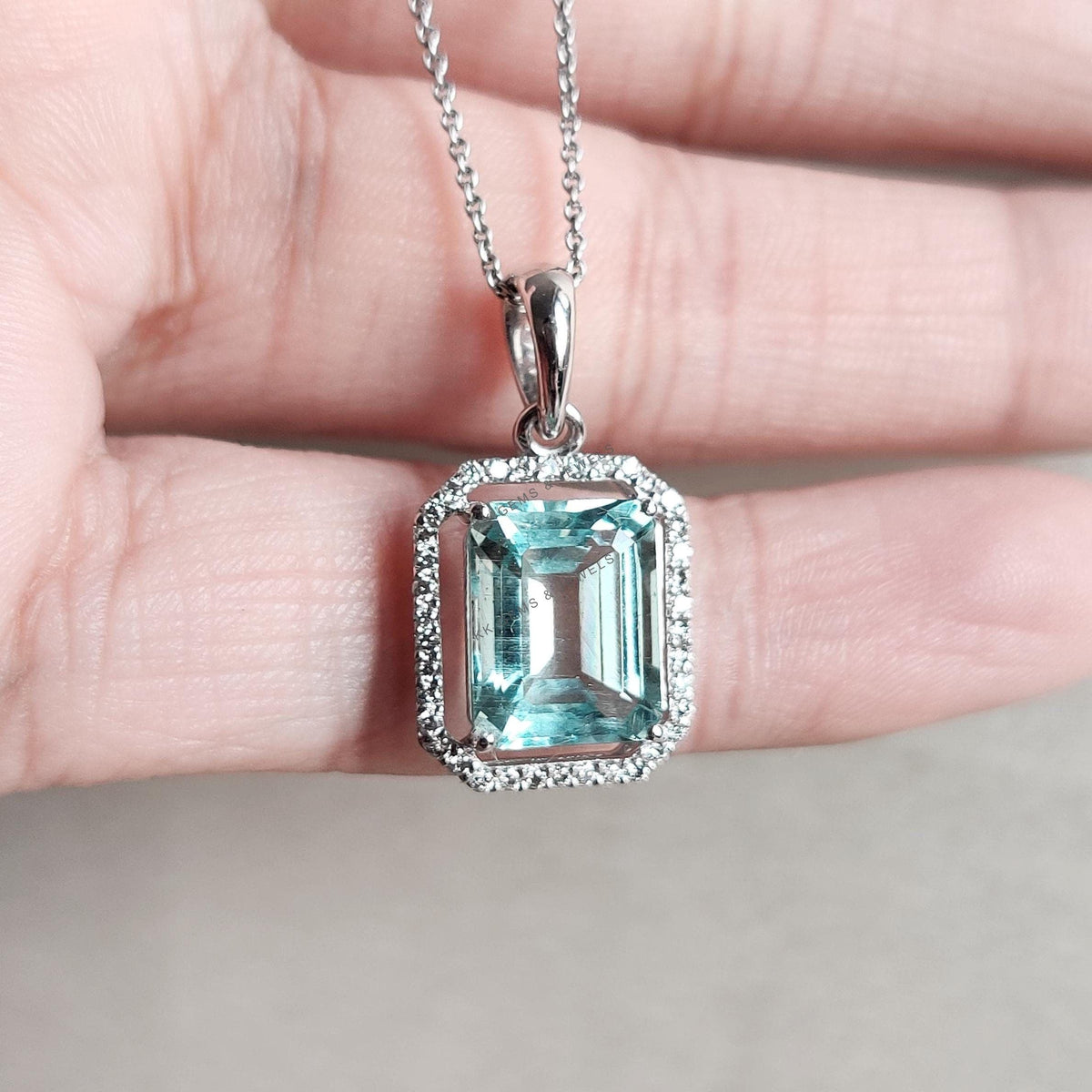 Natural Aquamarine & Diamond Pendant, 14K Solid White Gold Pendant, March Birthstone,