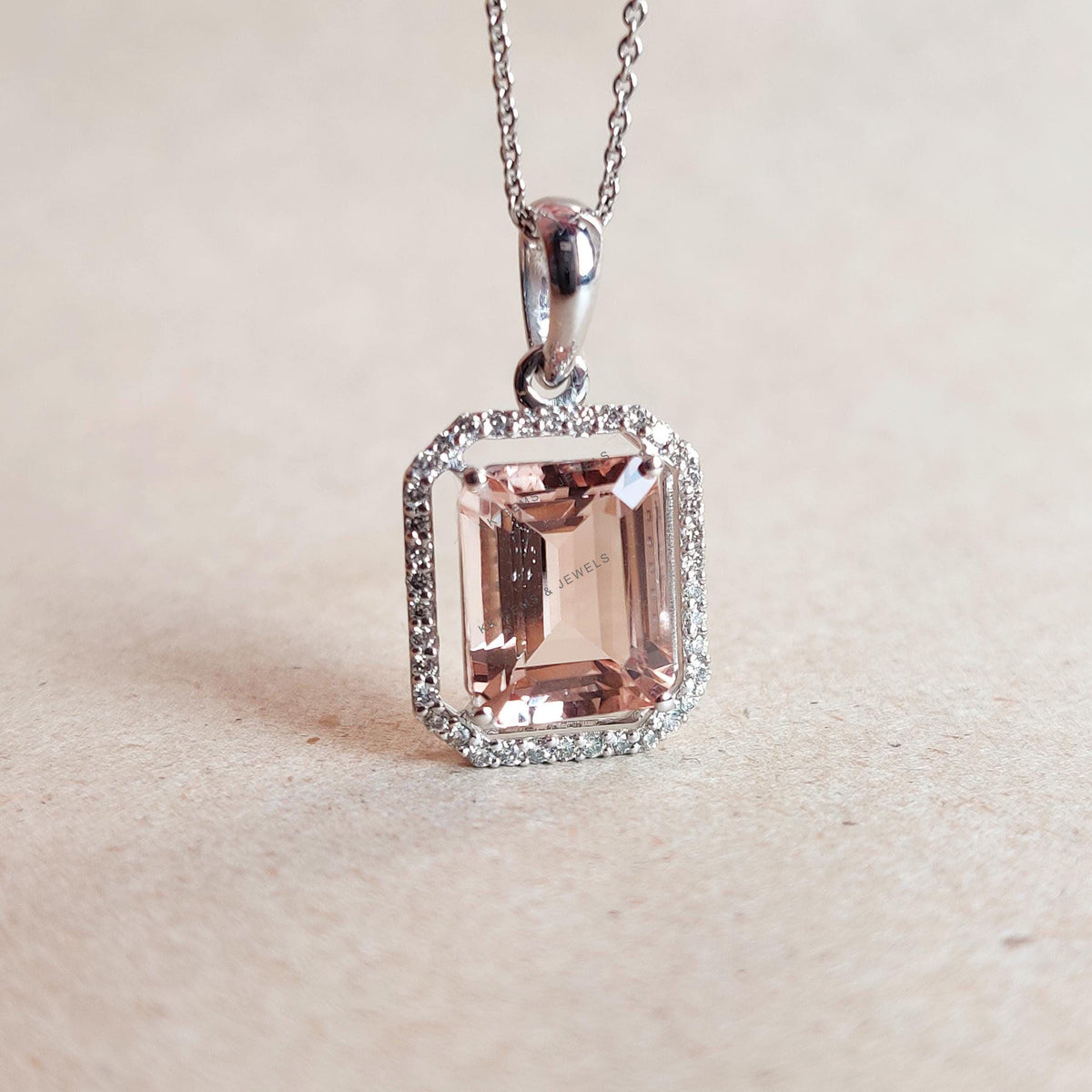 Natural Morganite & Diamond Pendant, 14K Solid White Gold Pendant, November Birthstone,
