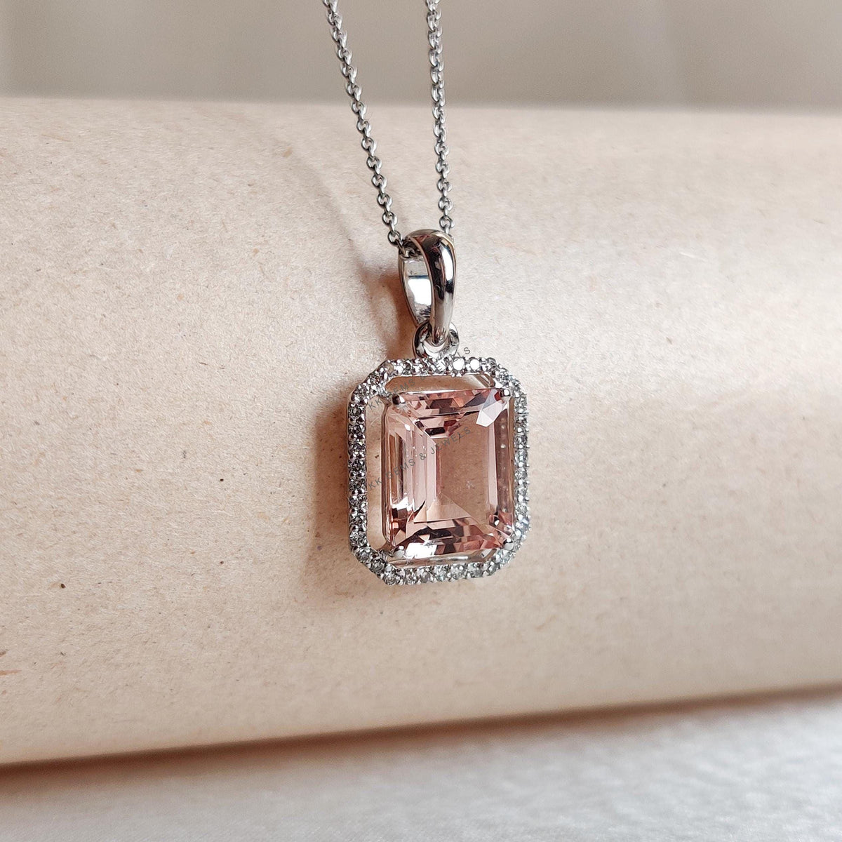 Natural Morganite & Diamond Pendant, 14K Solid White Gold Pendant, November Birthstone,