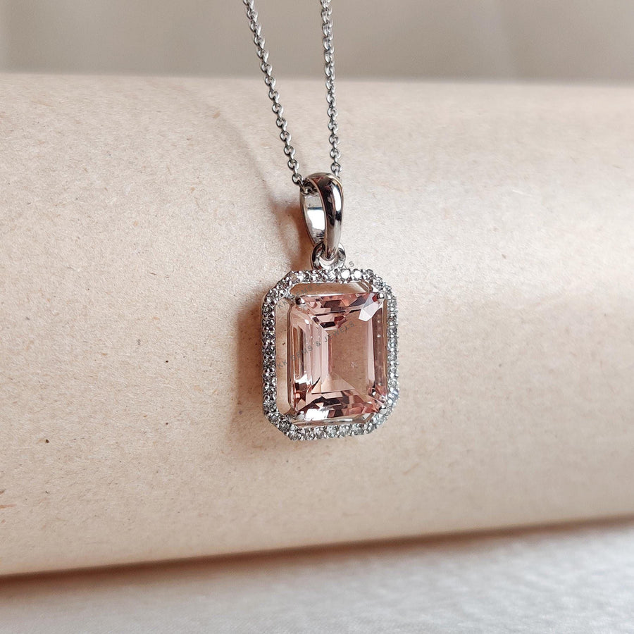 Natural Morganite & Diamond Pendant, 14K Solid White Gold Pendant, November Birthstone,