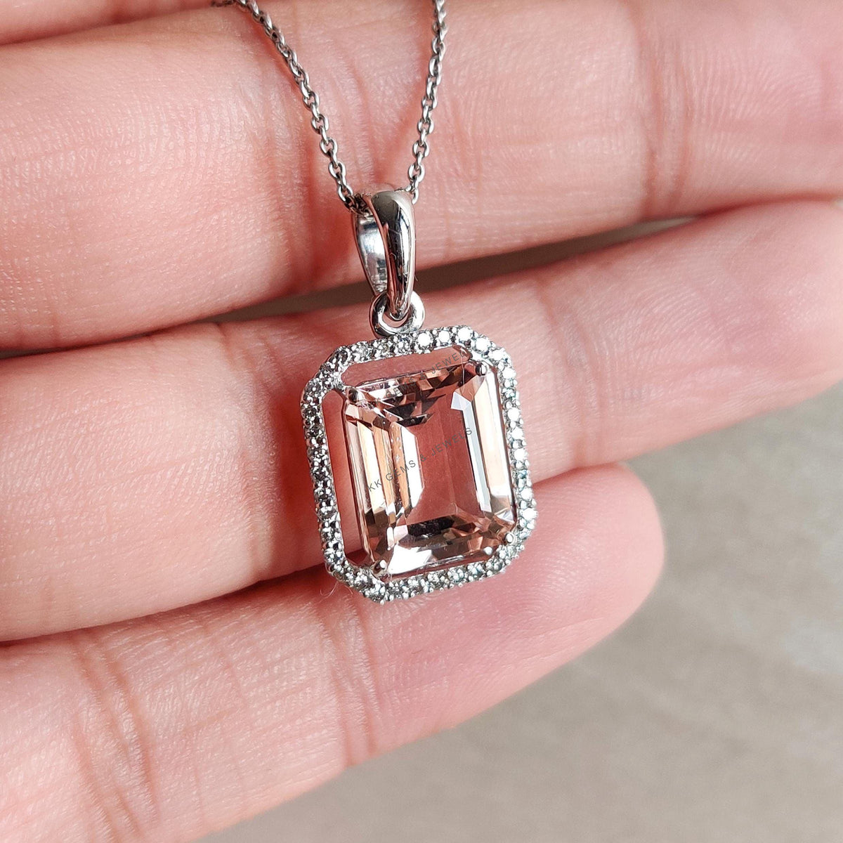 Natural Morganite & Diamond Pendant, 14K Solid White Gold Pendant, November Birthstone,