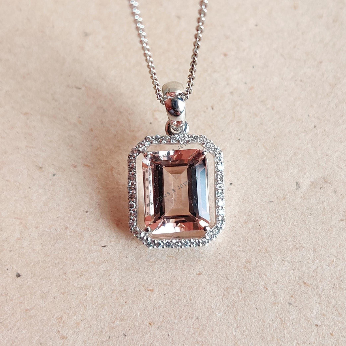 Natural Morganite & Diamond Pendant, 14K Solid White Gold Pendant, November Birthstone,